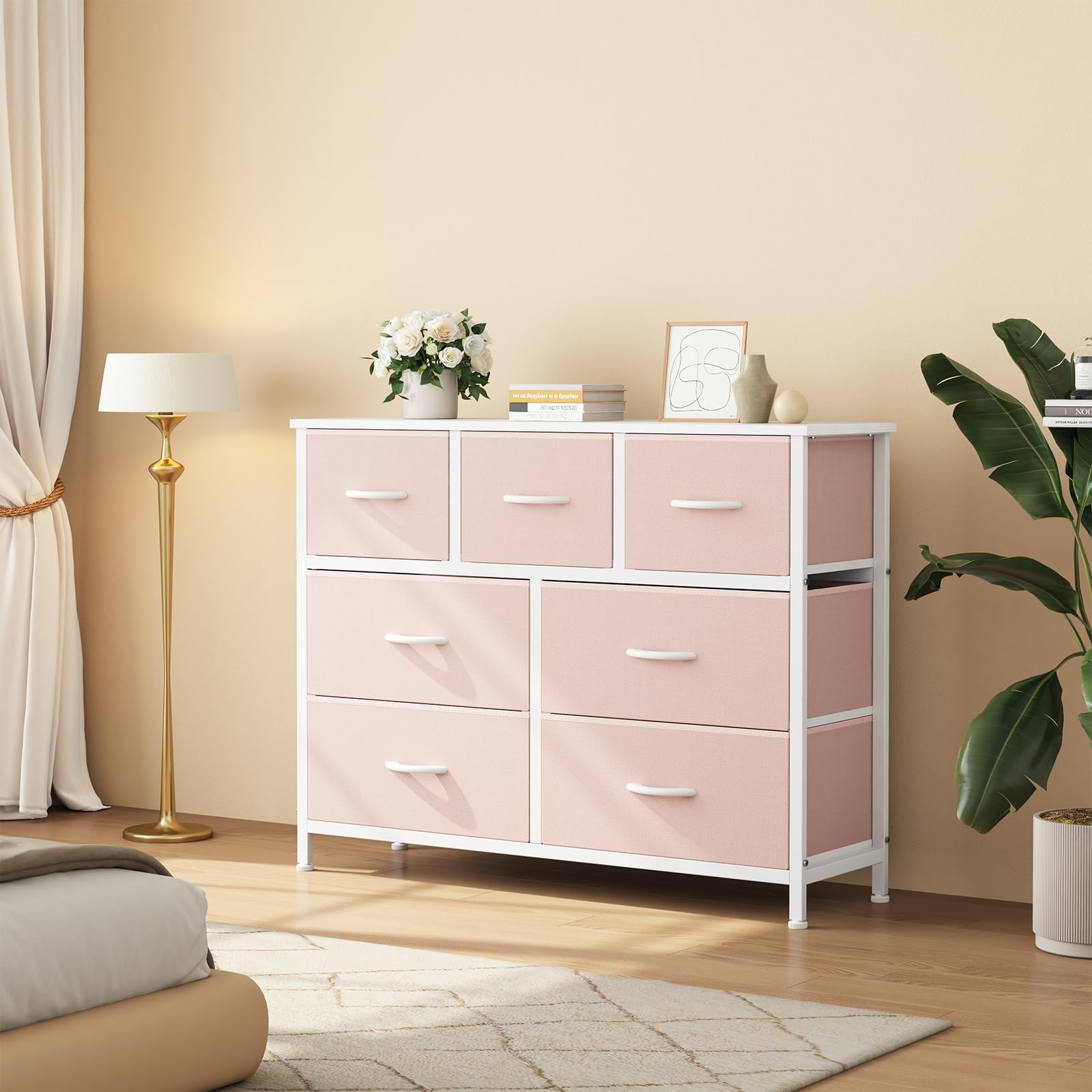 Sweetcrispy 7 Drawer Dresser for Bedroom Storage with Fabric Bins, Pink