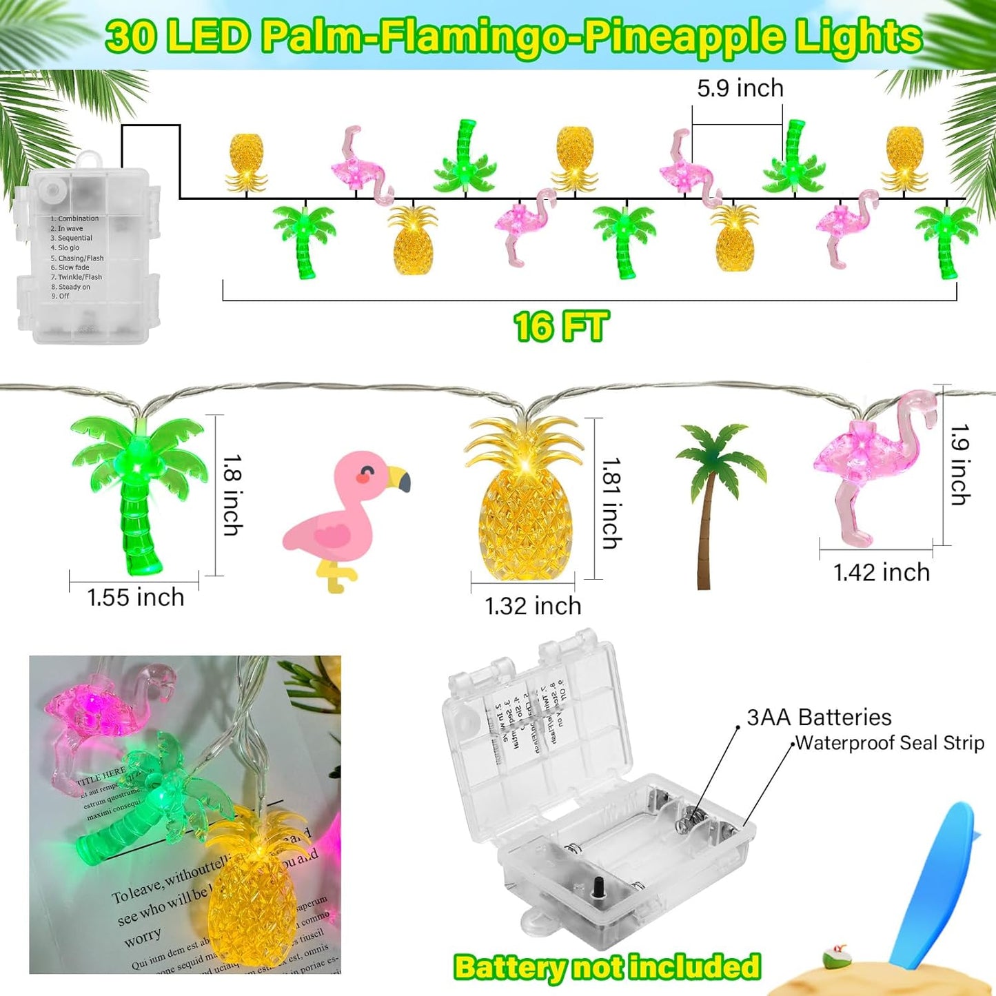 Couah 30 LED 16Ft Summer Beach Hawaiian String Lights - 8 Modes & Timer - Flamingo Pineapple Palm