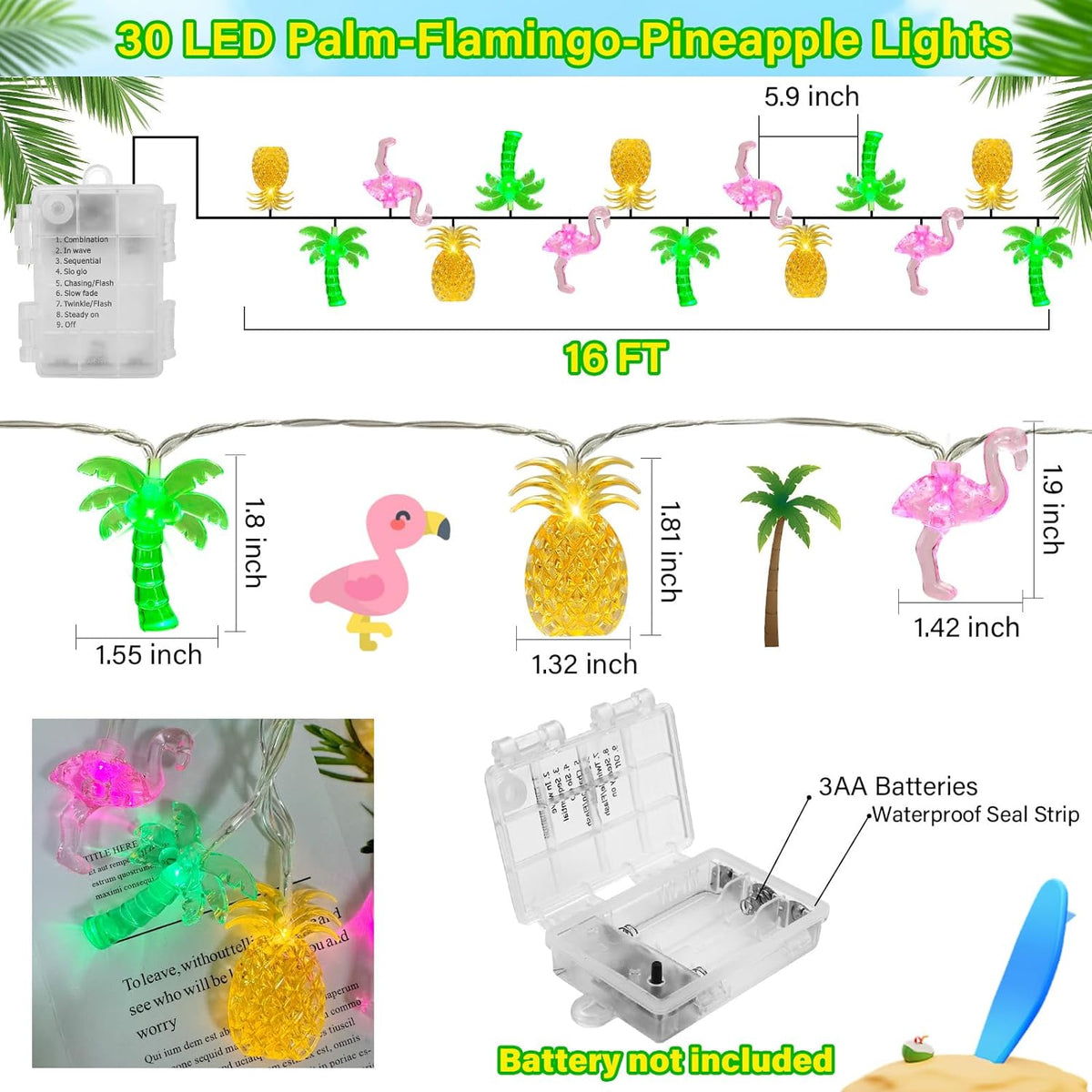 Couah 30 LED 16Ft Summer Beach Hawaiian String Lights - 8 Modes & Timer - Flamingo Pineapple Palm