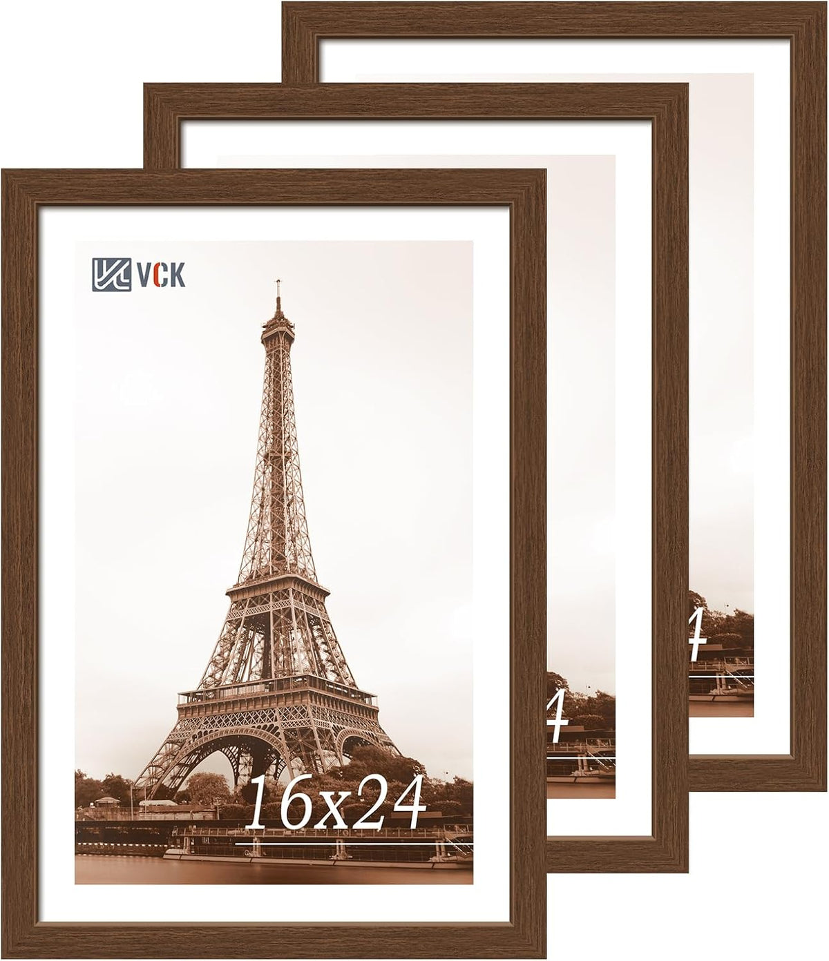 VCK 16x24 Picture Frame 3 Pack, Brown Wood Poster Frame with Exclusive Wood Grain, Wall Mounting