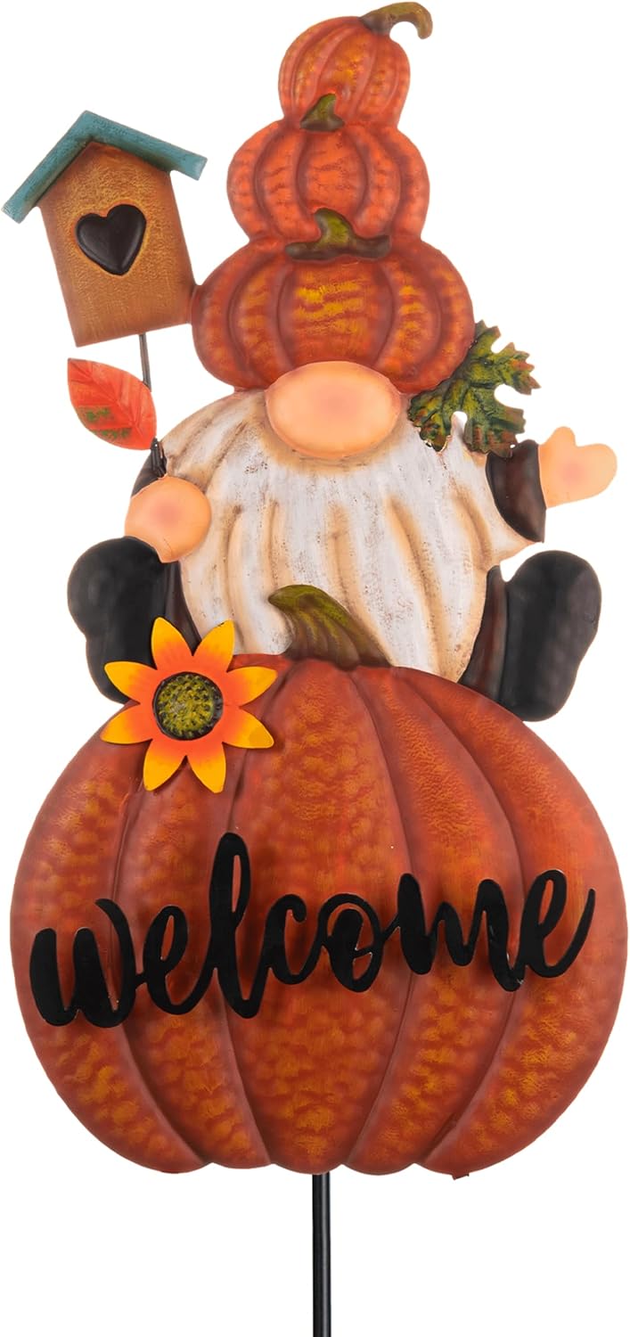 TERESA'S COLLECTIONS Fall Gnome Pumpkin Decorations for Outdoor Home, Metal Fall Decor Welcome