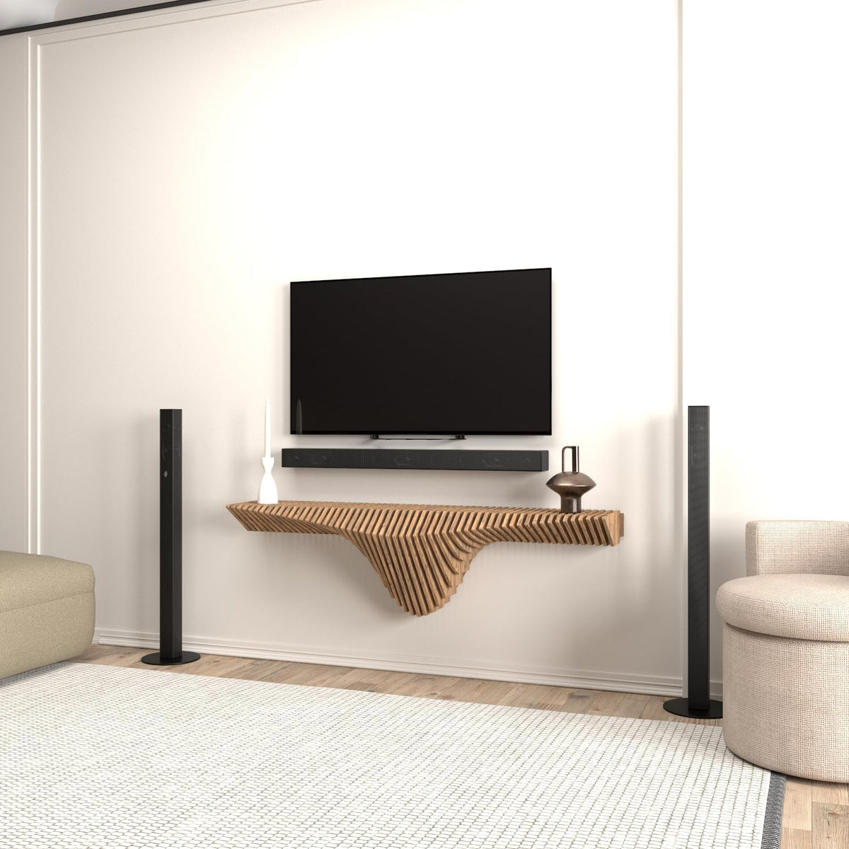 Parametric 50 inch Floating Shelf TV Unit Modern Geometric Wooden Wall Piece Decor Natural Oak
