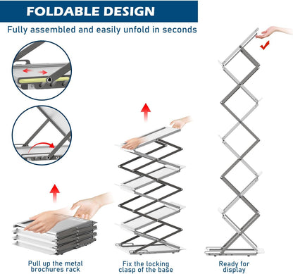 6 Pockets Foldable Aluminum Magazine Rack - Brochure Display Stand, Brochure Catalog Literature
