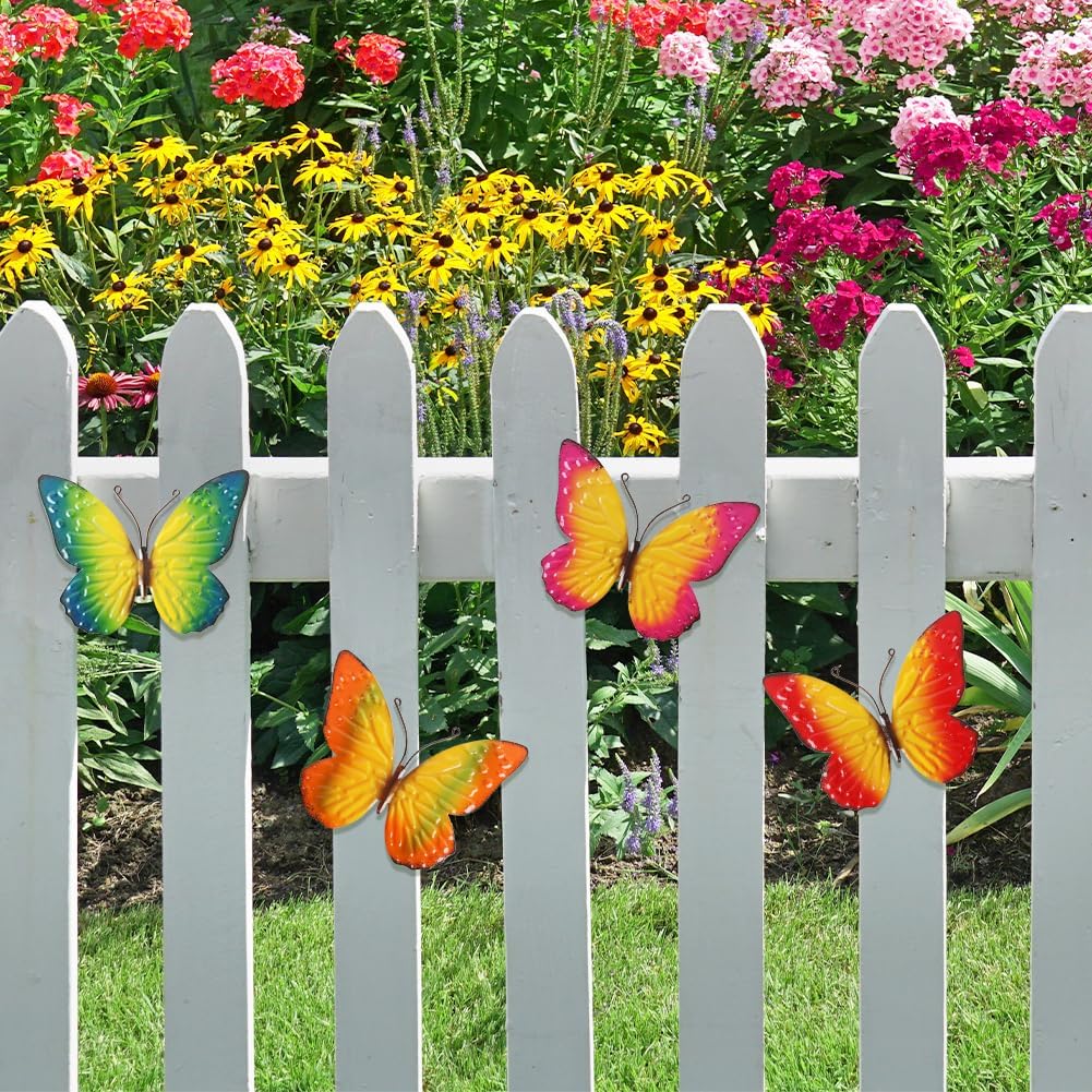 Metal Butterfly Wall Decor Art, 4 Pack Colorful Metal Butterflies Outdoor Wall Art, Hand Painted