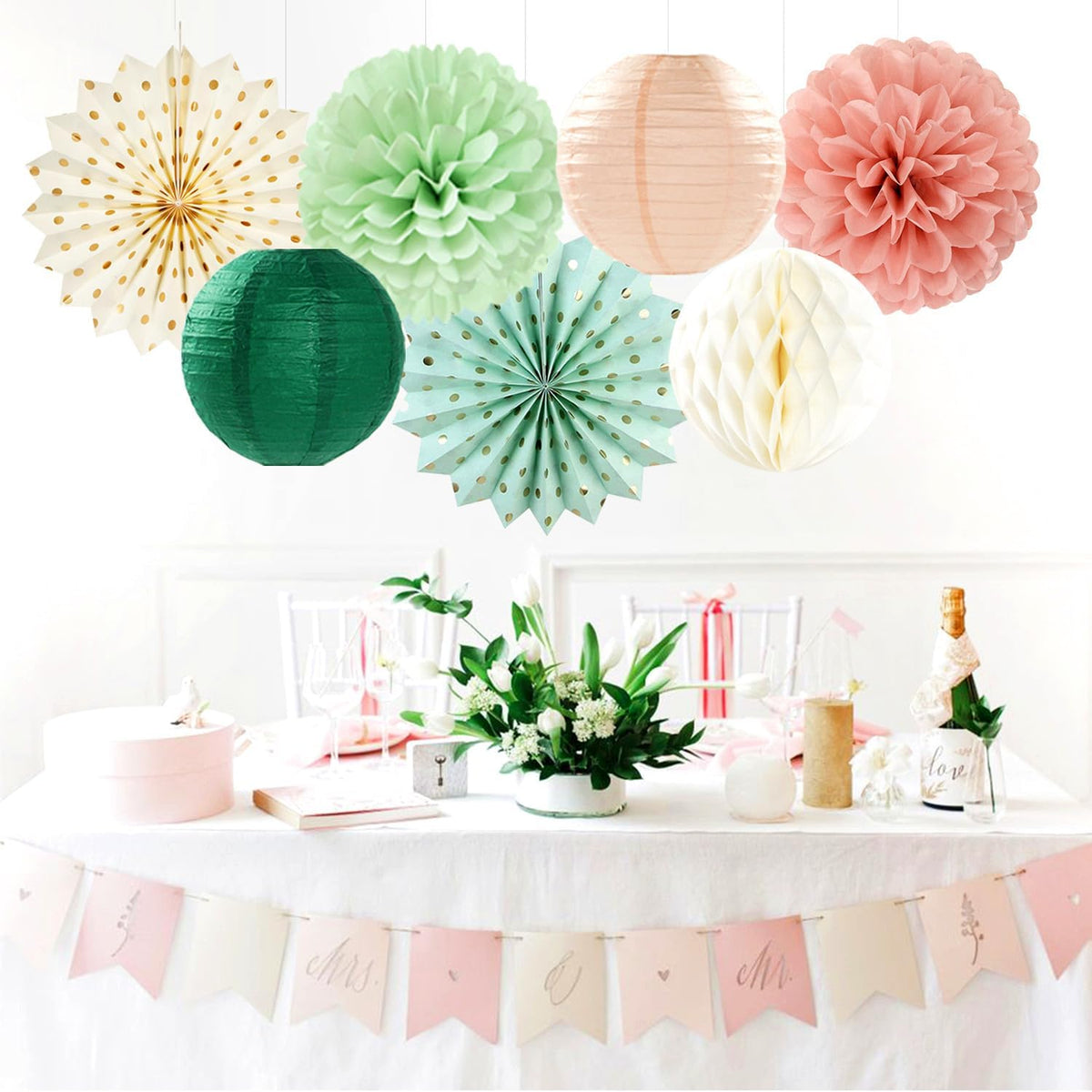 Sage-Green Pink-Beige Boho Party-Decorations Streamers - 14pcs Rustic Neutral Wedding Olive Paper
