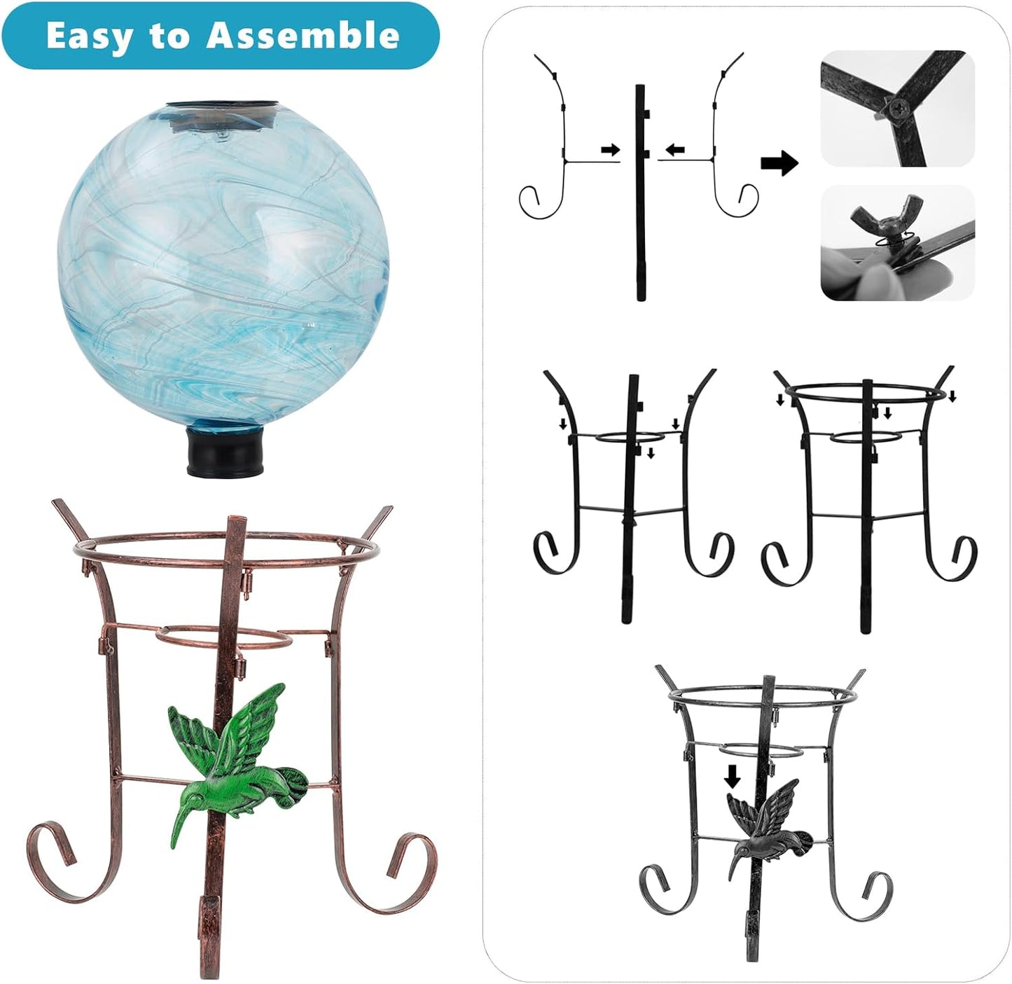 10 Inch Solar Glass Gazing Ball, with 9.4" Tall Metal Gazing Globe Stand, Solar Ball Lights Display