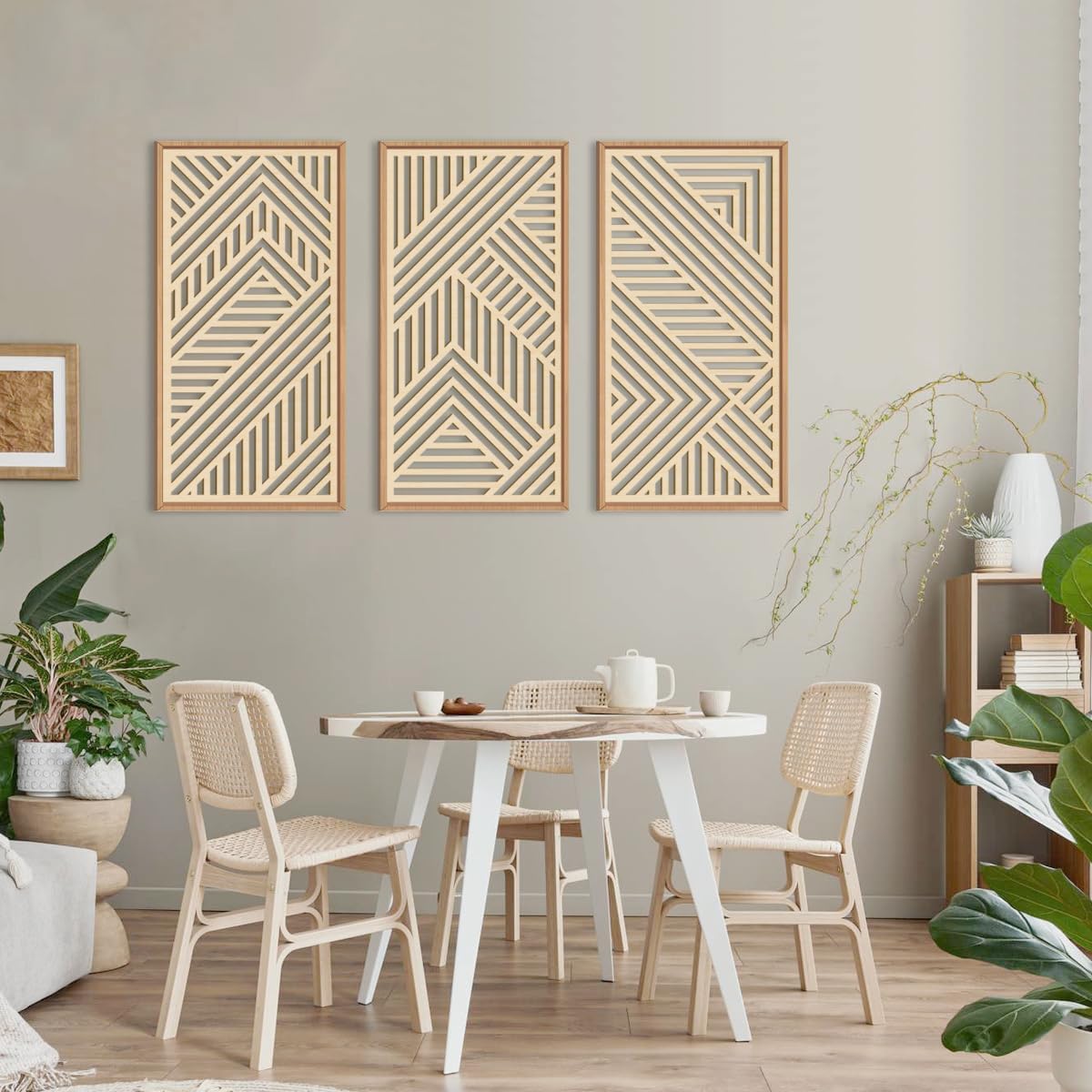 IARTTOP 3 Pieces Wood Boho Wall Art Framed Mid century Modern Wooden Wall Decor Large Minimalist