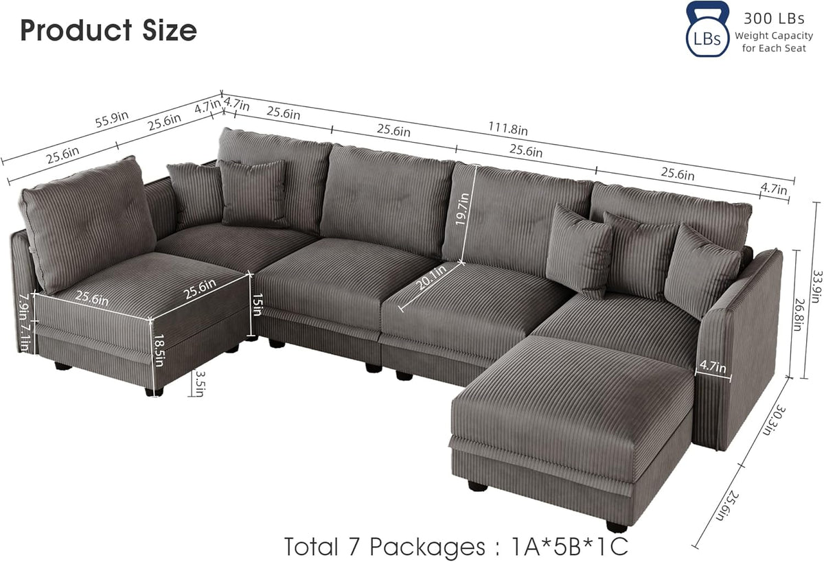 LLappuil Modular Sectional Sofa with Storage Seats, Corduroy Convertible Modular U Shaped Sectional