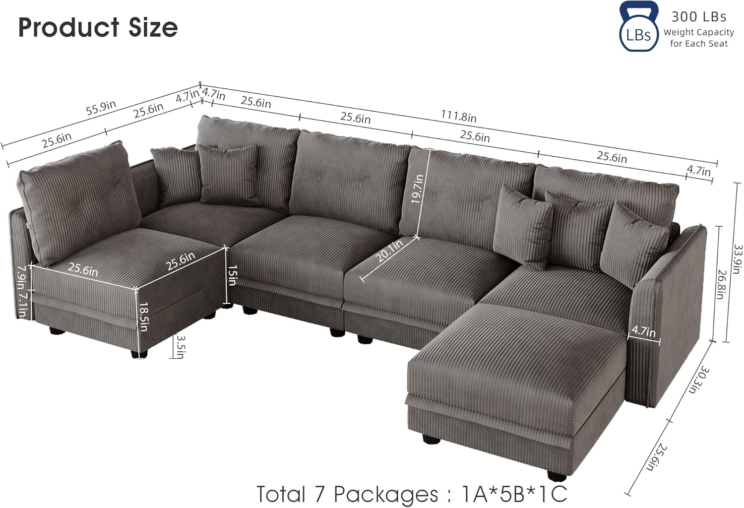 LLappuil Modular Sectional Sofa with Storage Seats, Corduroy Convertible Modular U Shaped Sectional