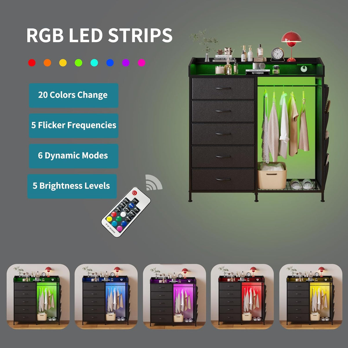 LUMTOK 2-in-1 Dresser with Hanging Racks,5 Fabric Drawers Dressers with LED Lights, Charging