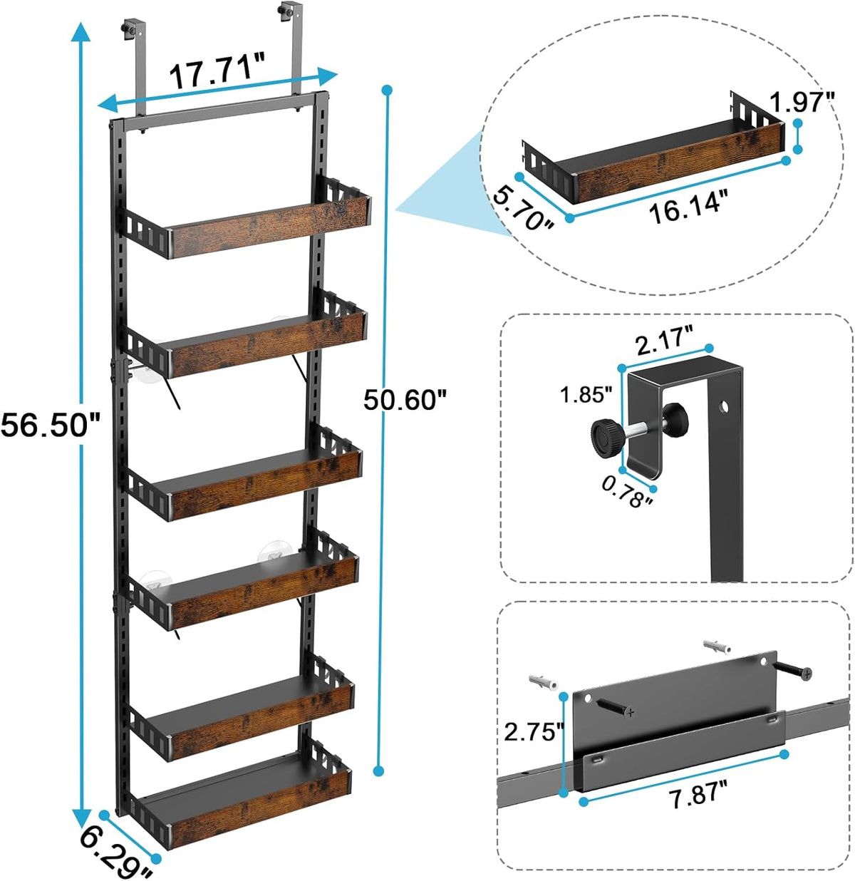 bukfen Over the Door Pantry Organizer, 6-Tier Adjustable Wooden Basket Kitchen Pantry Door