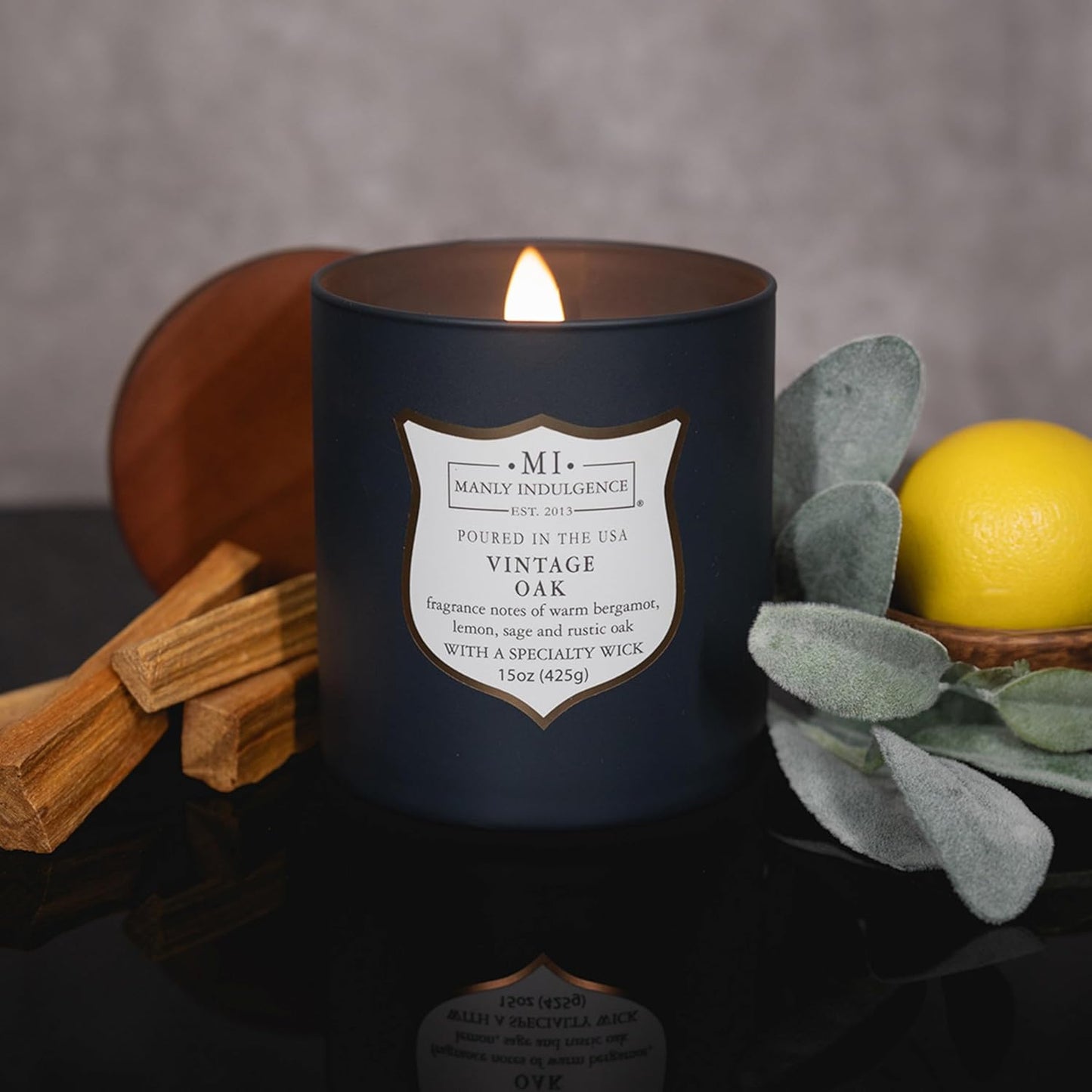 Manly Indulgence Vintage Oak Scented Candles for Men, 15 oz Wooden Wick, Premium Soy Blend Wax, 60H