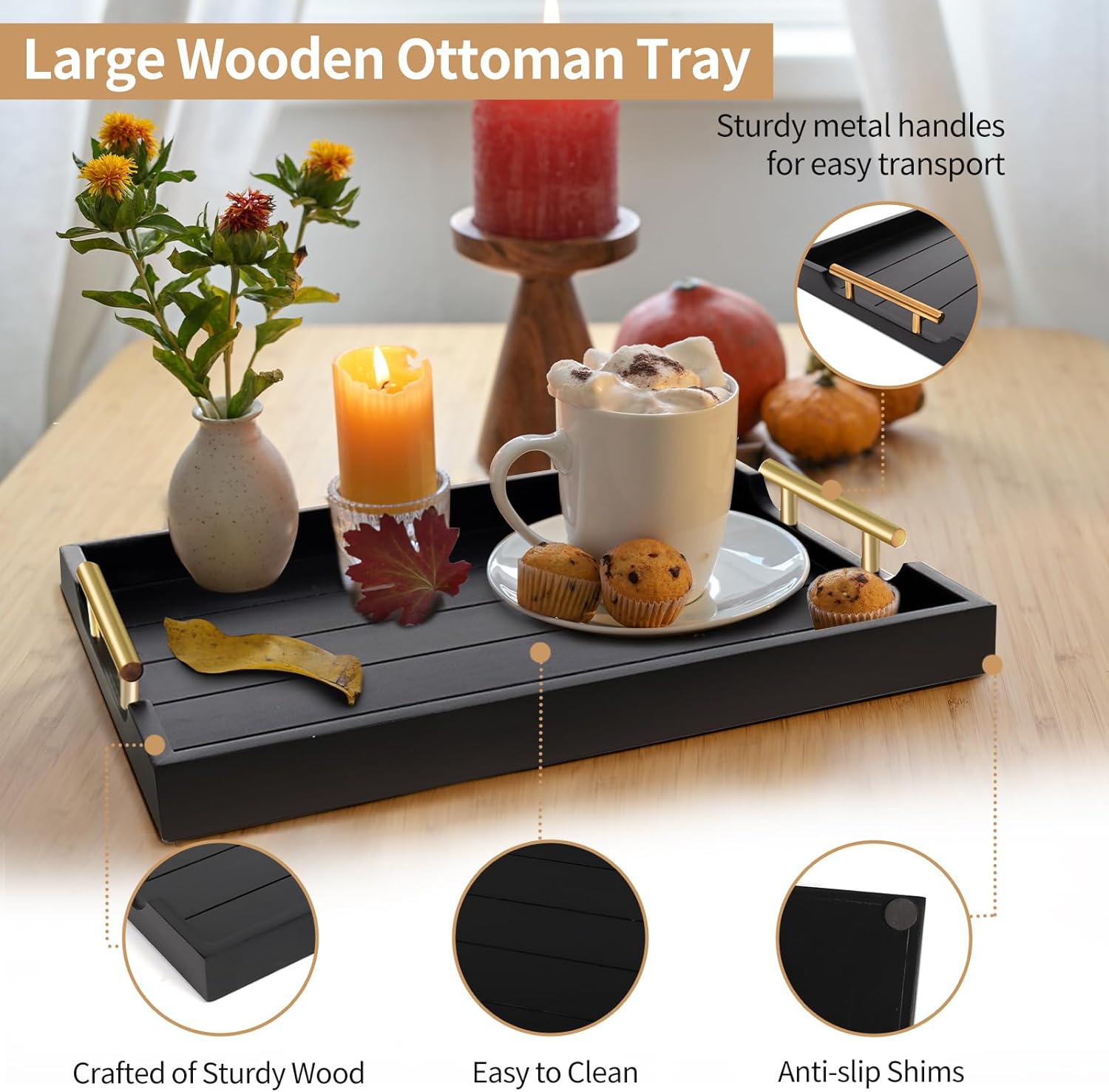 Coffee Table Trays - Large Ottoman Tray for Living Room - Wood Serving Trays with Handles(2 Sets)