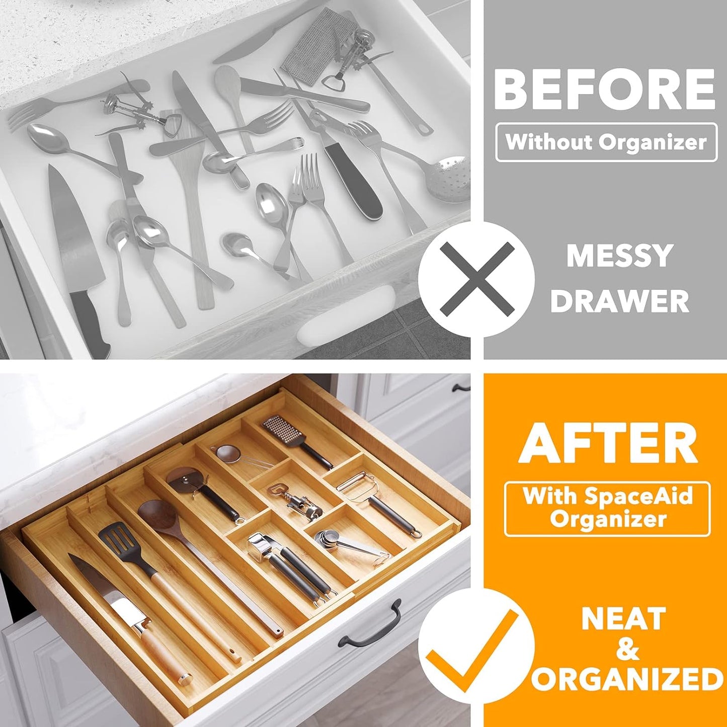 SpaceAid Bamboo Utensil Drawer Organizer with Labels, Kitchen Silverware Expandable Tray Holder