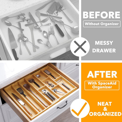 SpaceAid Bamboo Utensil Drawer Organizer with Labels, Kitchen Silverware Expandable Tray Holder