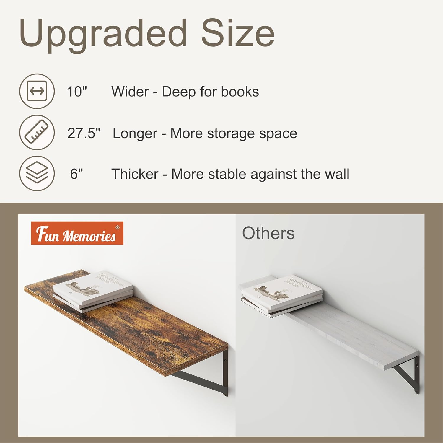 Fun Memories 27.5" W x10 D Floating Shelves, Large Wall Shelves 27.5 Inch Long, Set of 2, Farmhouse