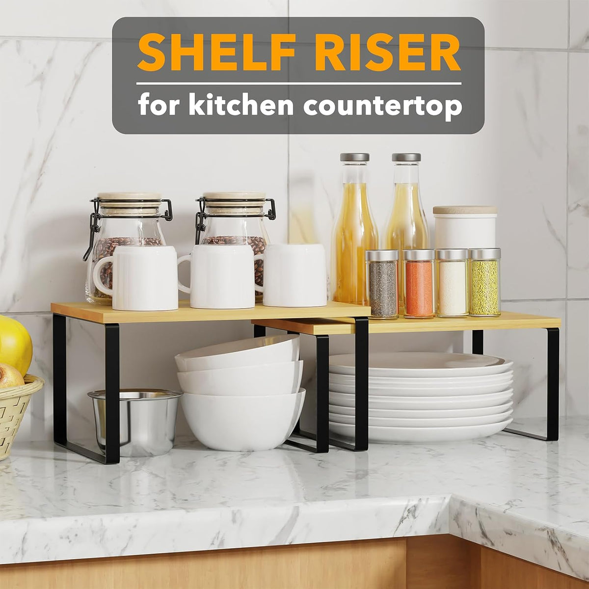 SpaceAid Cabinet Shelf Organizers 2 Pack, Kitchen Counter Rack Shelves Riser, Stackable Expandable