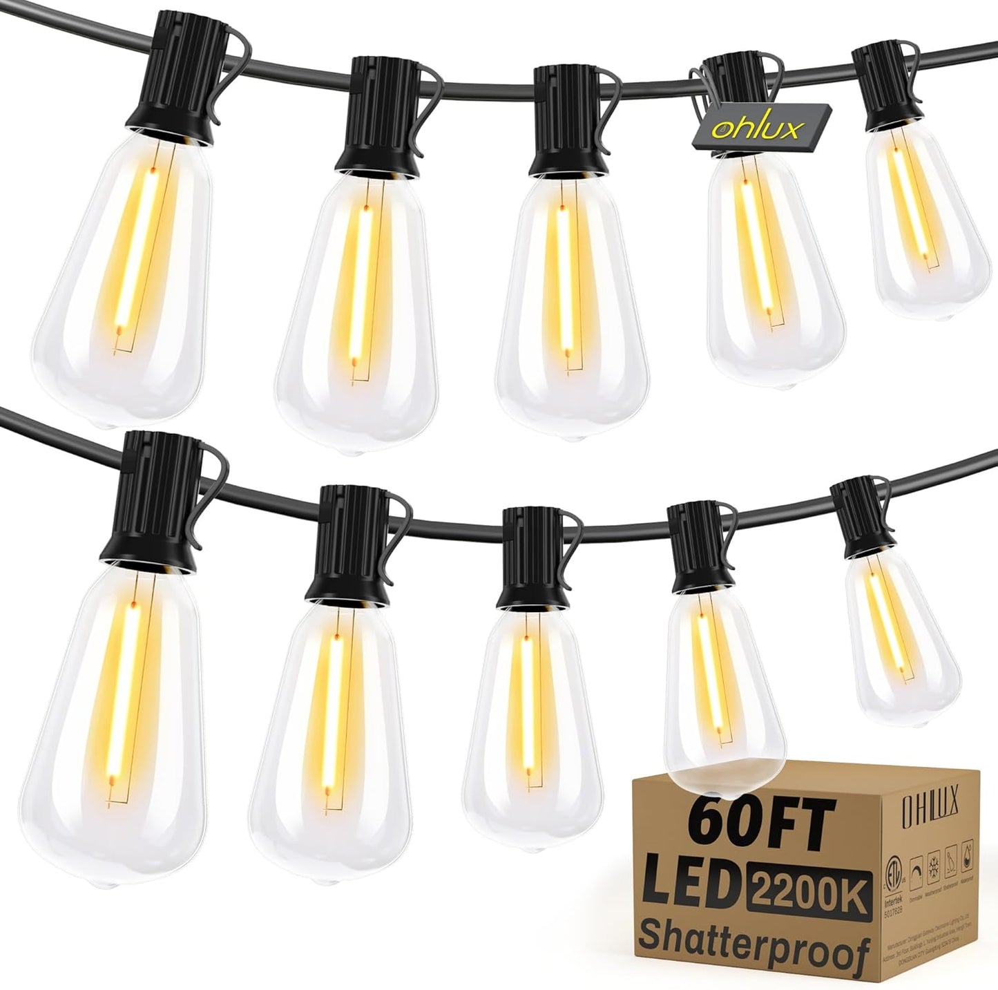 OHLUX Bistro String Lights Outdoor, 60FT Deck Lights with 32 Shatterproof ST38 Vintage Edison