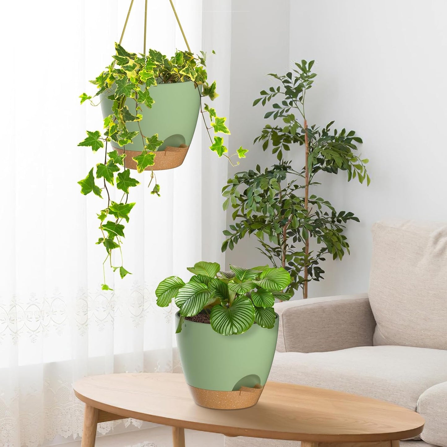 ZMTECH 6.5 Inch Hanging Planters for Indoor Outdoor Plants, 2 Pack Self Watering Hanging Plant Pots