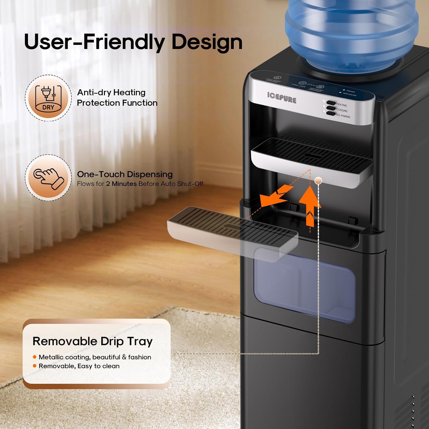 ICEPURE 3-in-1 Water Dispenser with Ice Maker, Water Cooler Dispenser for 5 Gallon Bottle Built-in
