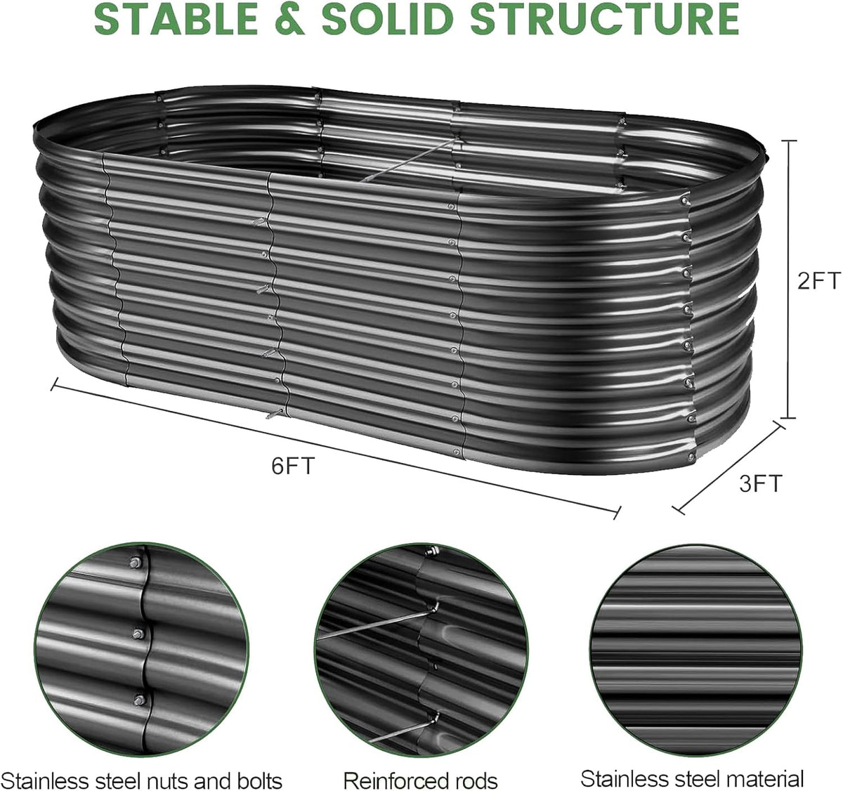 Land Guard Galvanized Planter Raised Beds, 6×3×2ft Galvanized Water Trough, Keyhole Raised Garden