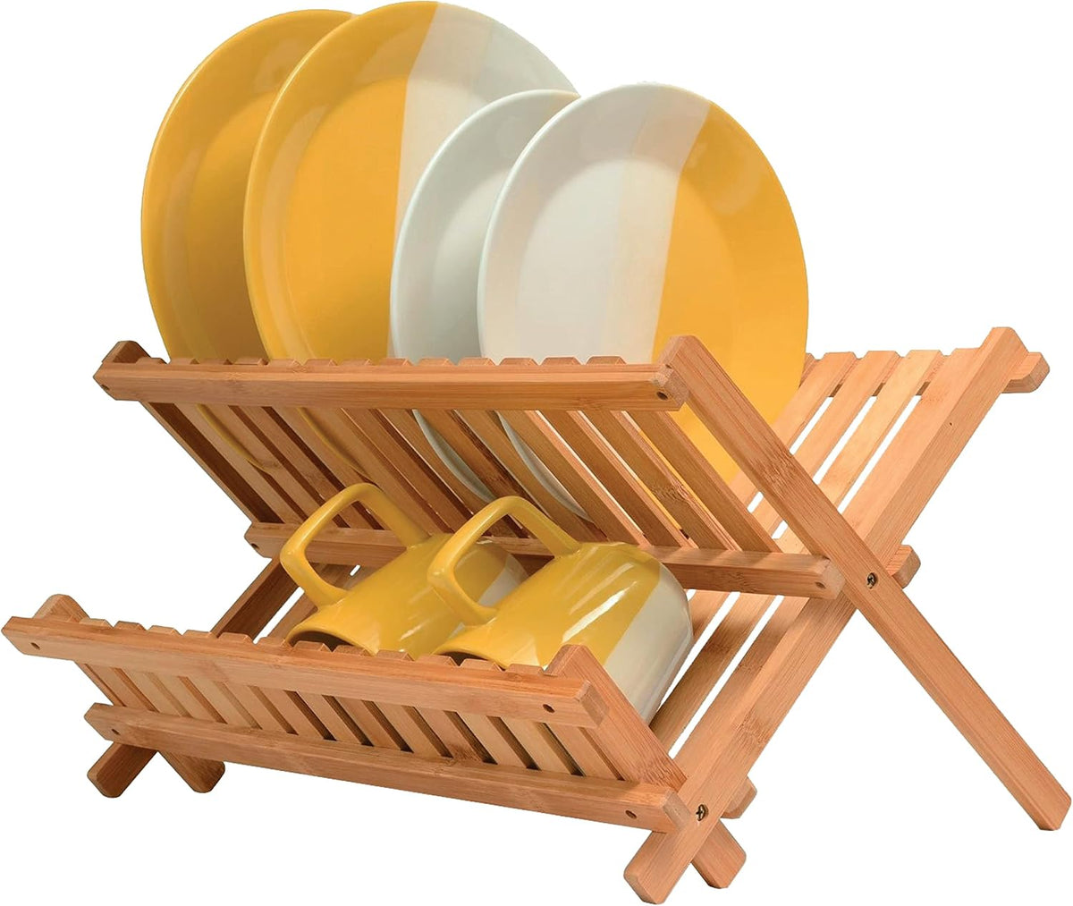 BAMBUSI Dish Drying Rack - Collapsible 2-Tier Bamboo Dish Rack for Kitchen Counter, Wooden Dish