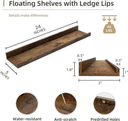 Picture Ledge Shelf, Wood Floating Shelves Set of 4, 24 inch Picture Ledge Shelves, Photo Ledge