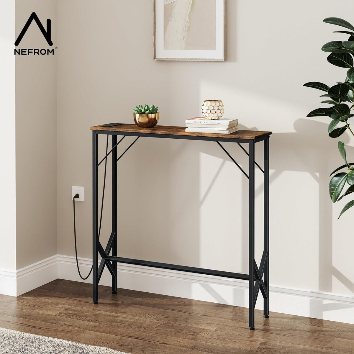 31.5‘’ Console Table, Skinny Entryway Table with Fast-Charging Station, Narrow Long Sofa Table