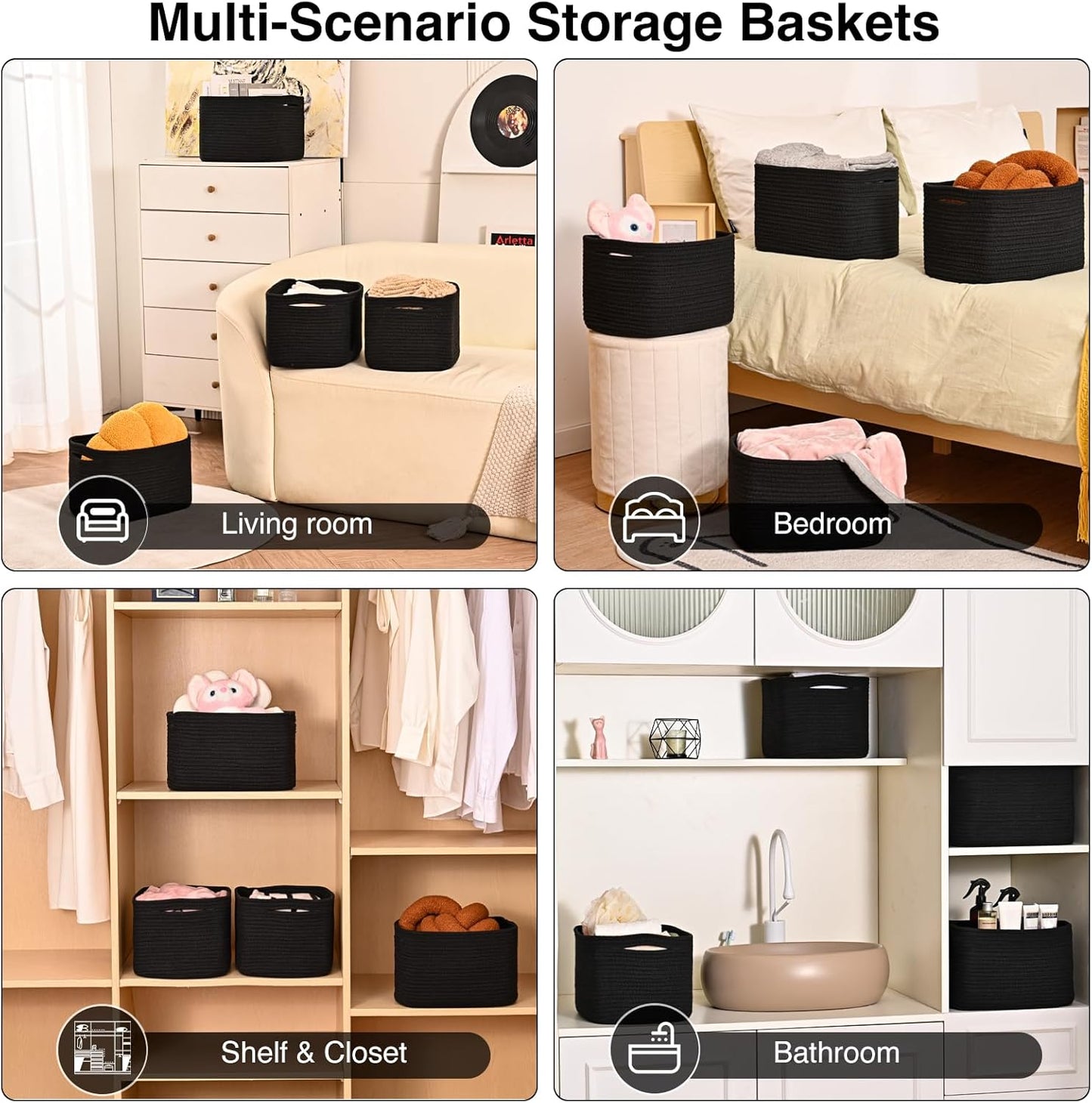 Black Storage Baskets for Shelves, Small Storage Baskets for Organizing, Woven Cotton Rope Baskets