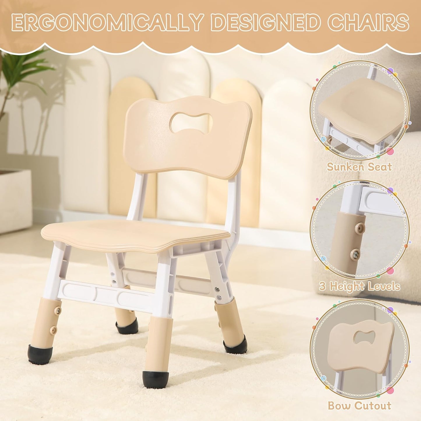 Height-Adjustable Kids Table and Chairs, 31.5''L x 23.6''W Toddler Table and 4 Chairs Set with