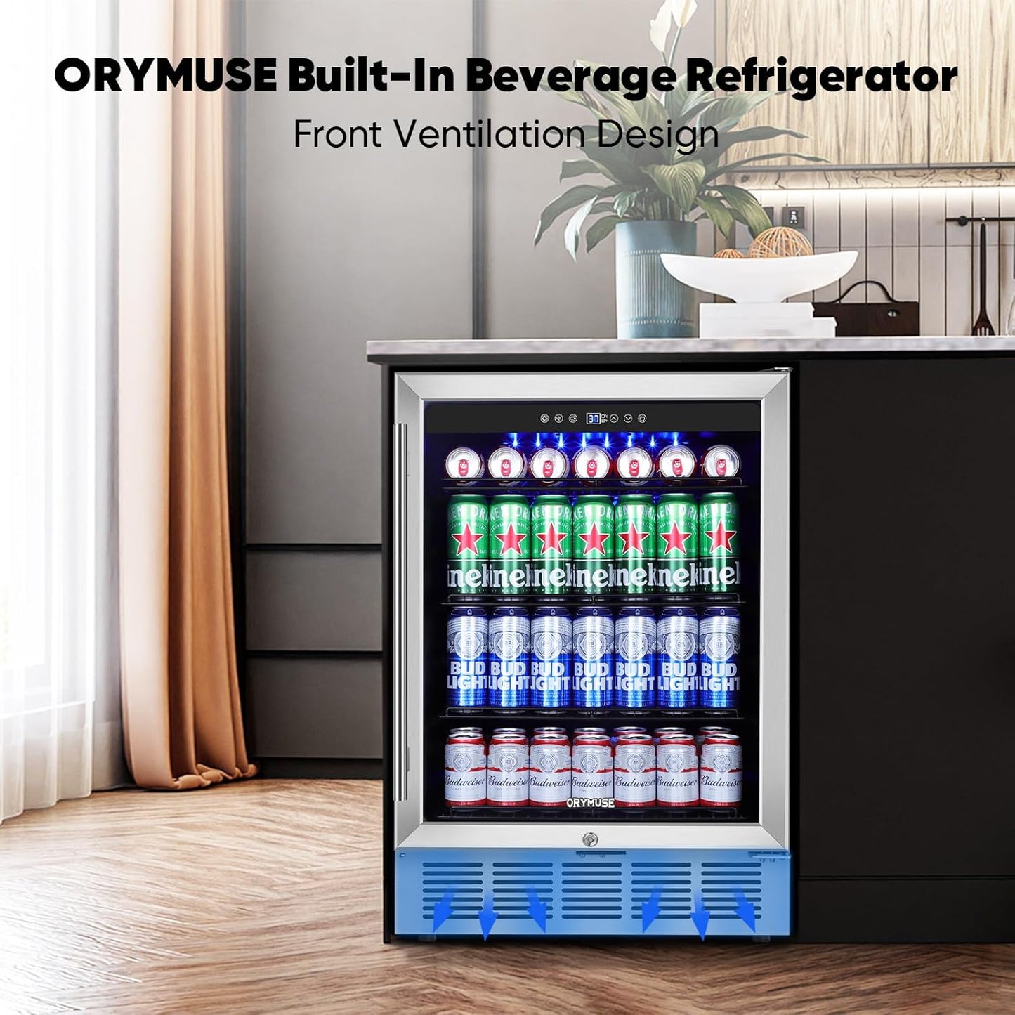 24" Beverage Refrigerator & Cooler, 180 Cans Under Counter Fridge with Lock, Glass Door & Powerful