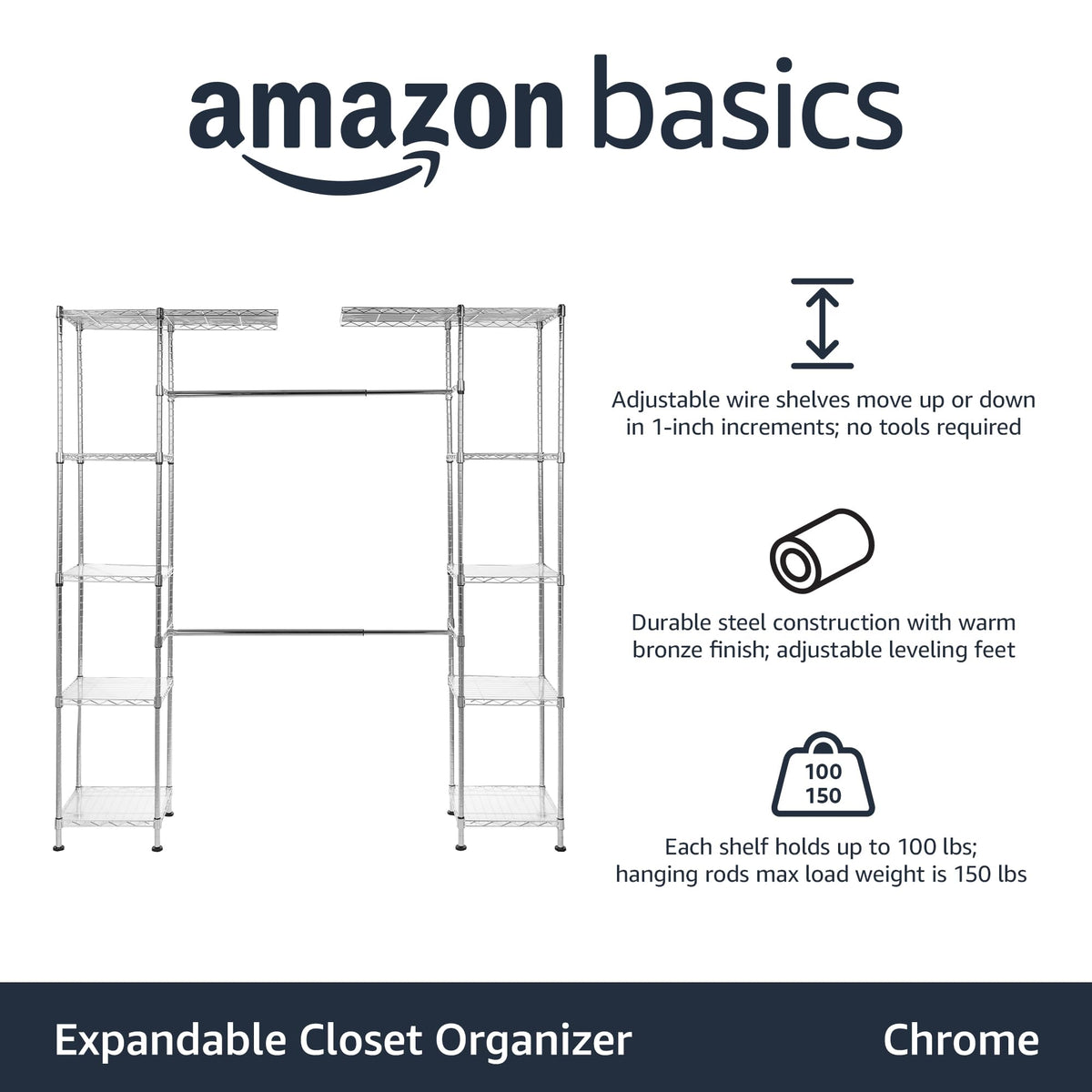 Amazon Basics Expandable Adjustable Metal Closet Organizer with Hanging Rod, Clothes Rack, Shelves