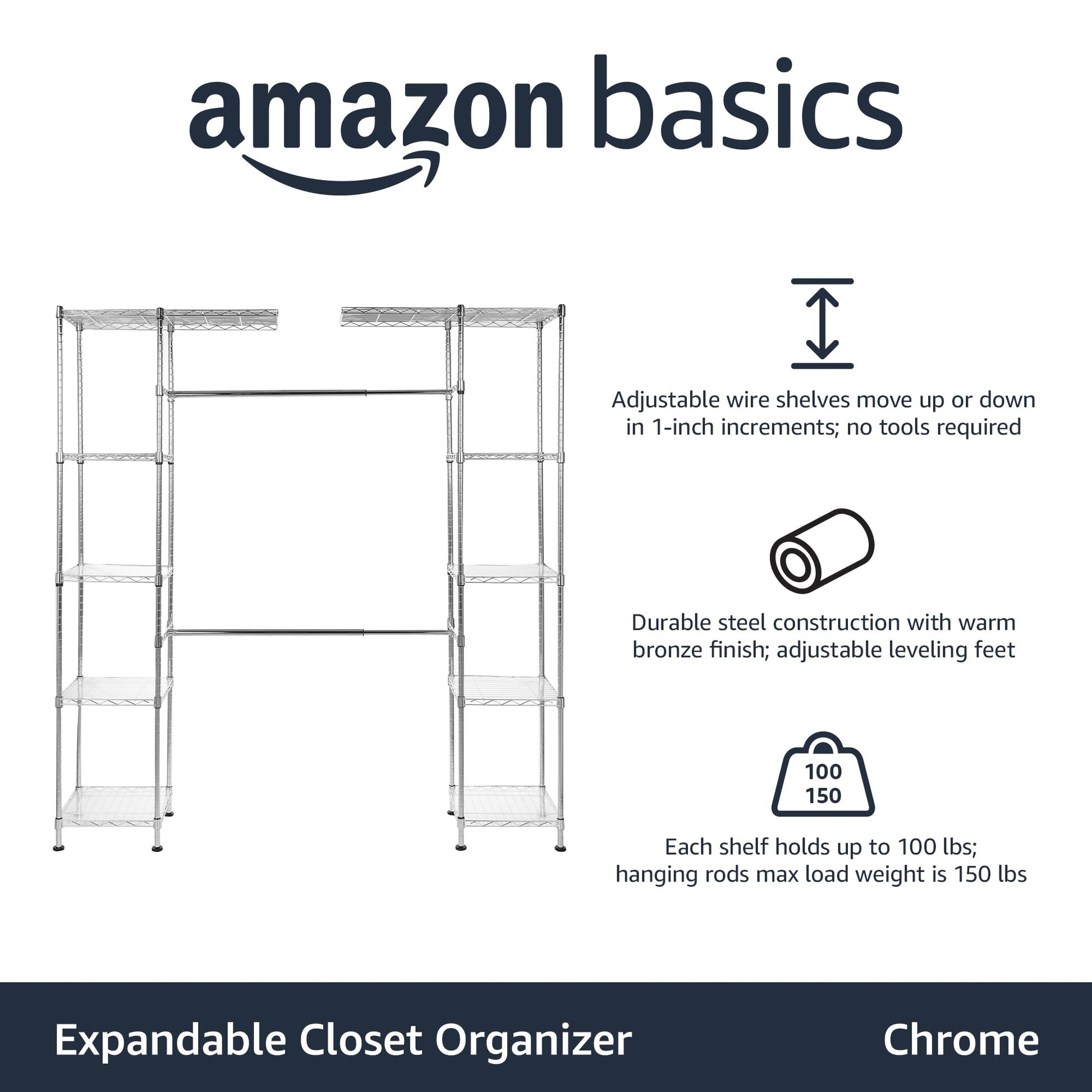 Amazon Basics Expandable Adjustable Metal Closet Organizer with Hanging Rod, Clothes Rack, Shelves