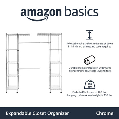 Amazon Basics Expandable Adjustable Metal Closet Organizer with Hanging Rod, Clothes Rack, Shelves