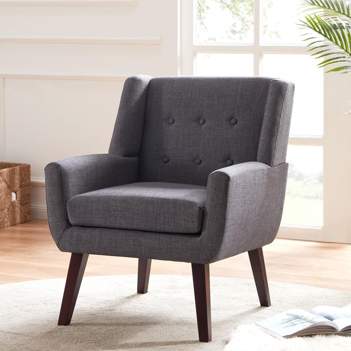 HUIMO Accent Chair Living Room Chair, Upholstered Button Tufted Armchair, Linen Fabric Sofa Chairs