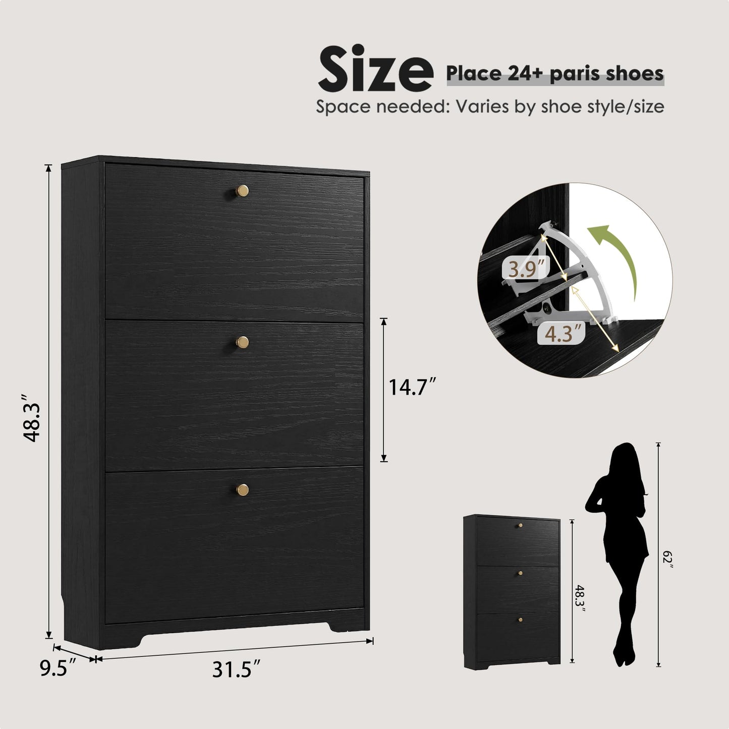 Nicetree Shoe Cabinet with 3 Flip Drawers, Entryway Shoes Organizer, Black