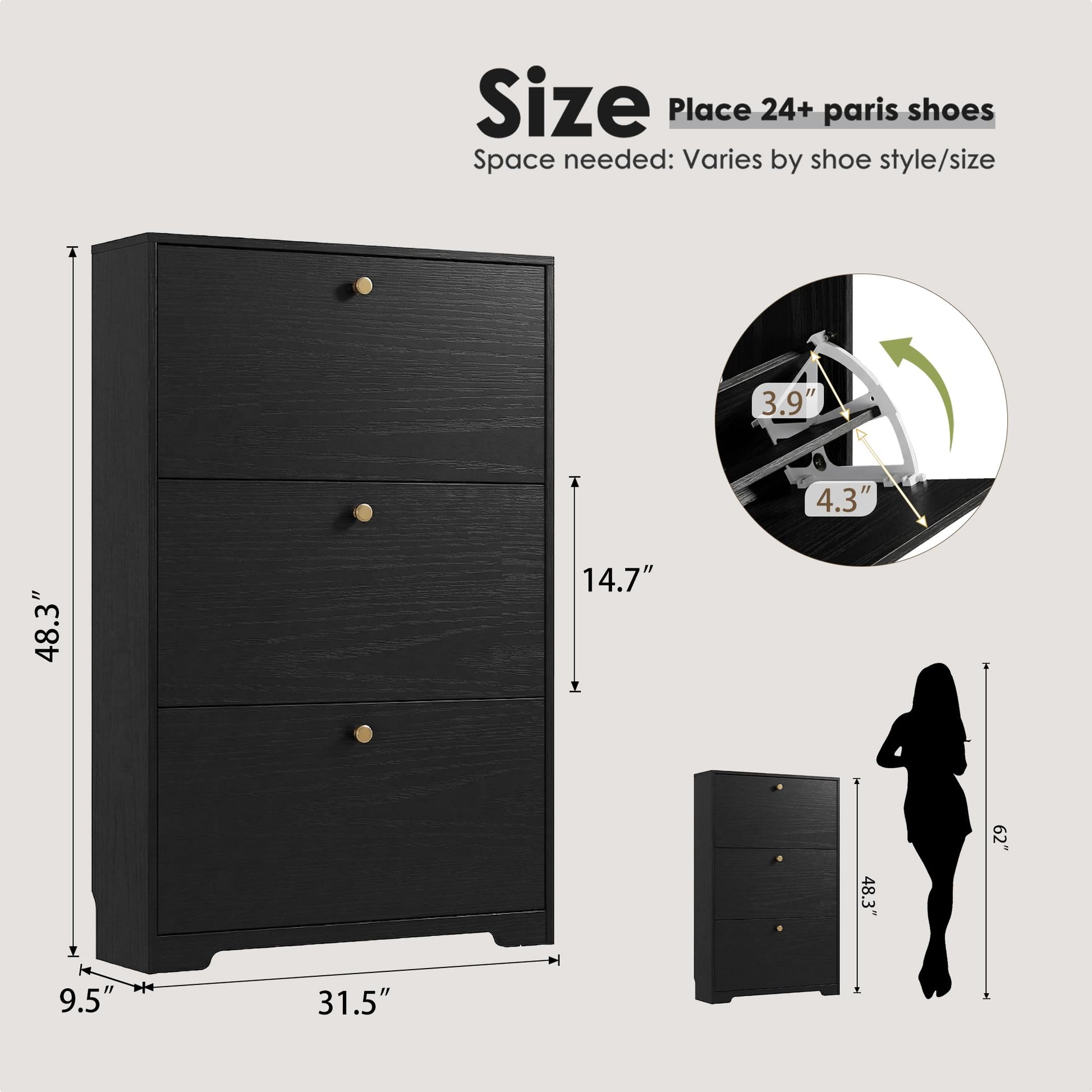 Nicetree Shoe Cabinet with 3 Flip Drawers, Entryway Shoes Organizer, Black