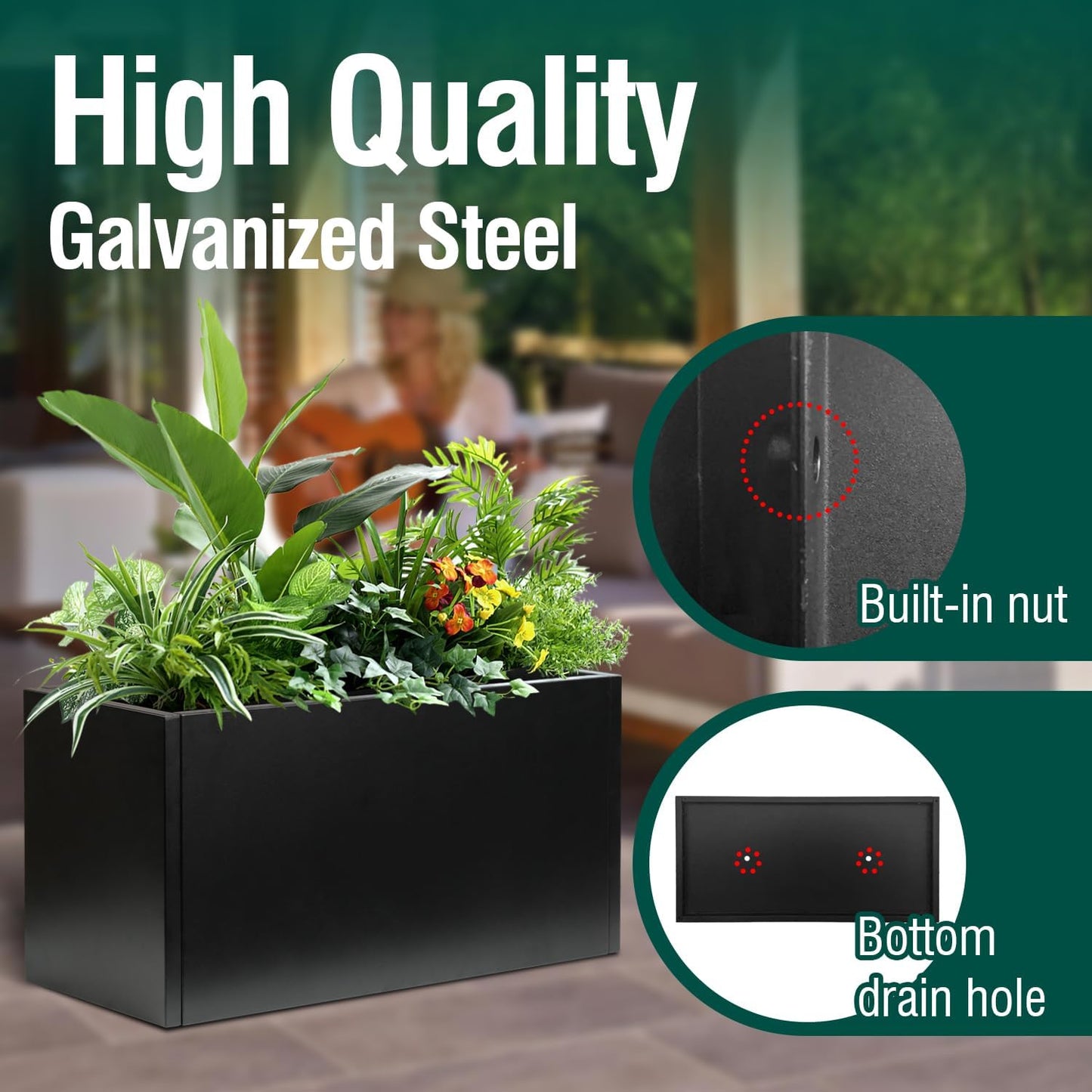 Galvanized Steel Metal Planter Rectangular Indoor Black Planter Box Large Outdoor Planters Steel