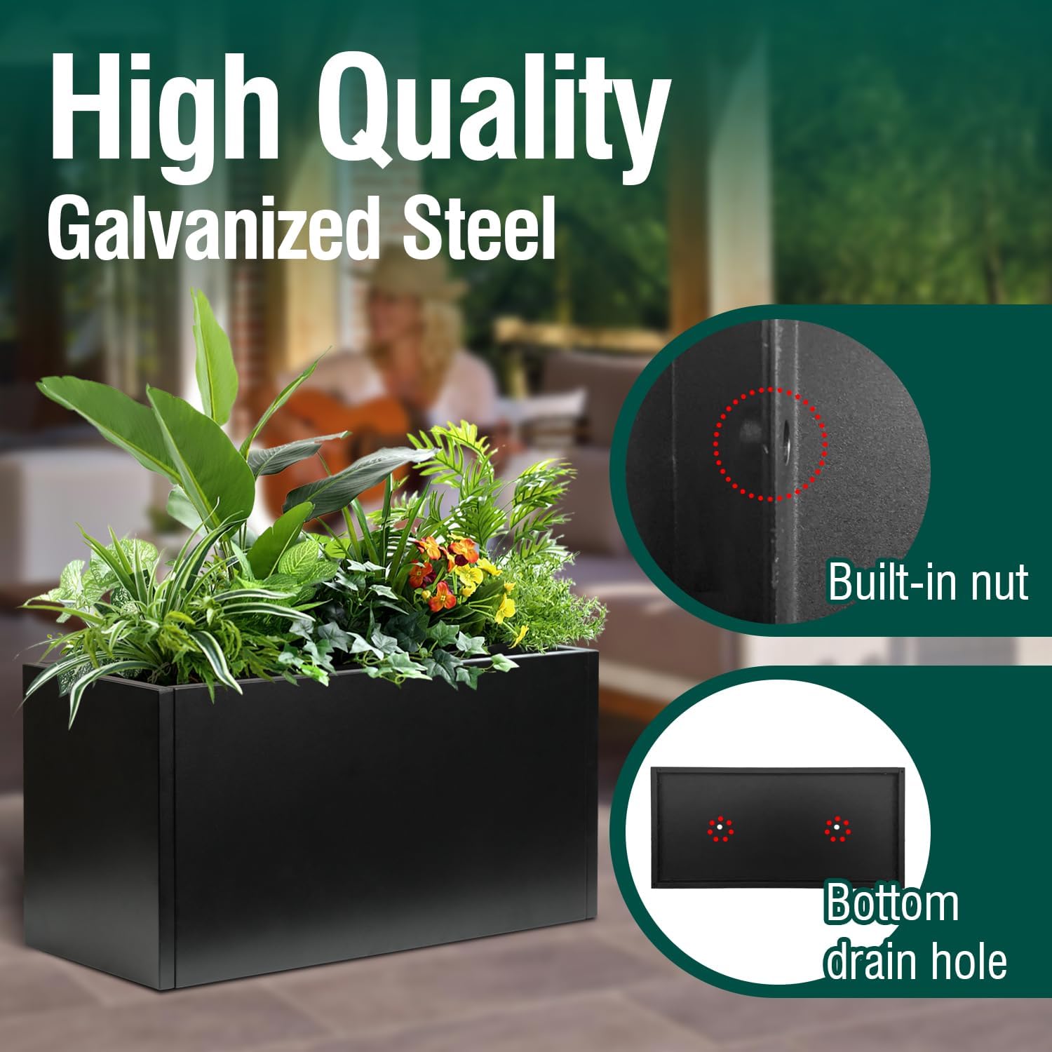 Galvanized Steel Metal Planter Rectangular Indoor Black Planter Box Large Outdoor Planters Steel