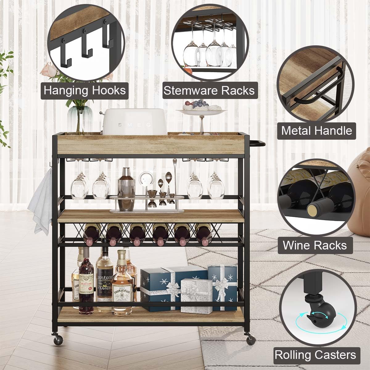 BON AUGURE Bar Cart for The Home, Bar Serving Carts on Wheels, 3 Tier Storage Drink Trolley