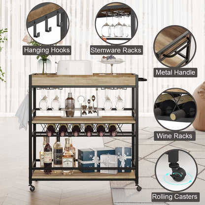 BON AUGURE Bar Cart for The Home, Bar Serving Carts on Wheels, 3 Tier Storage Drink Trolley