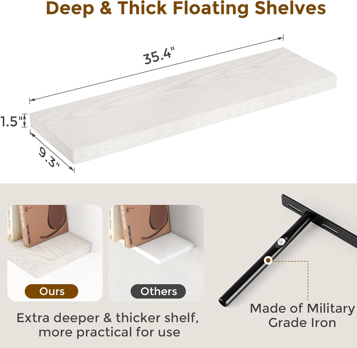 Fun Memories Rustic Wood Floating Shelves for Wall, 36 x 9 Wall Shelves Set of 2, Deep Floating