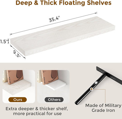 Fun Memories Rustic Wood Floating Shelves for Wall, 36 x 9 Wall Shelves Set of 2, Deep Floating