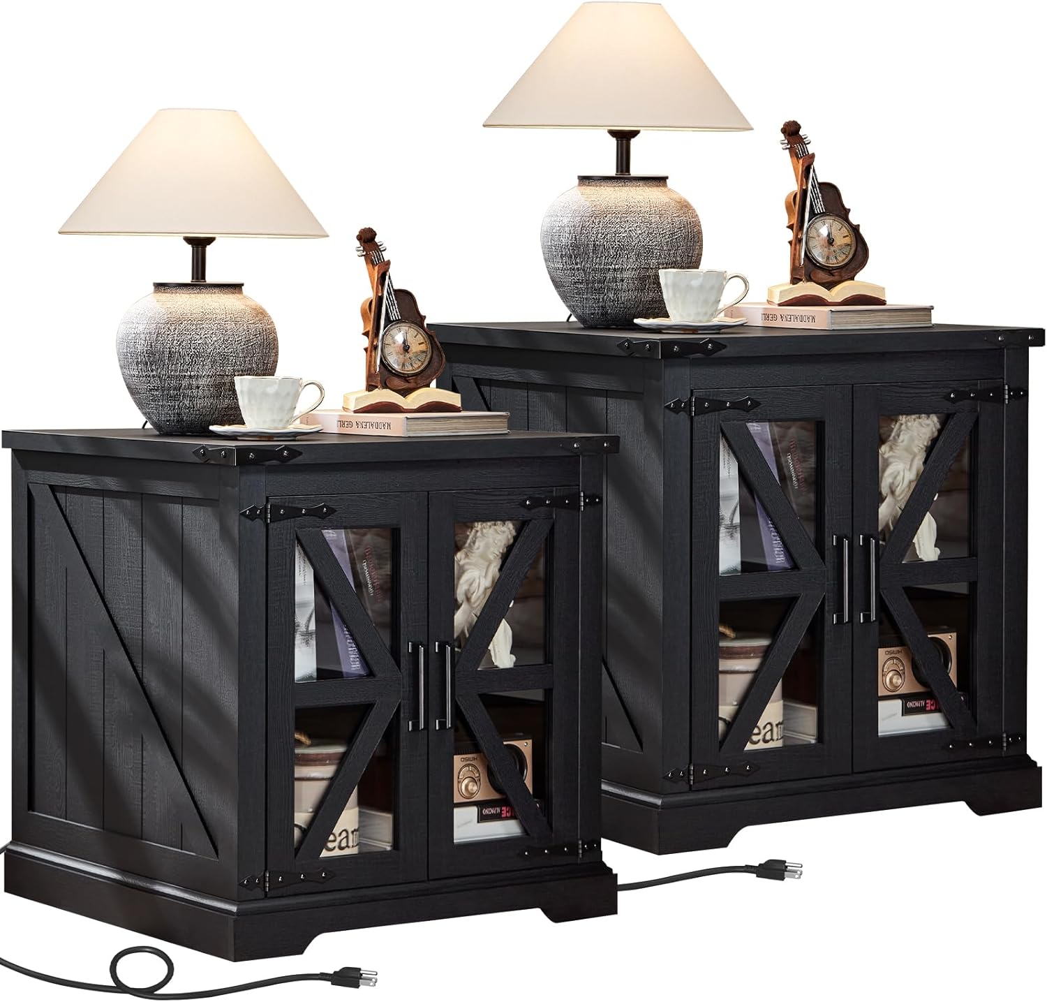 24" End Table Set of 2 with Charging Station, Farmhouse Night Stand with Glass Barn Door