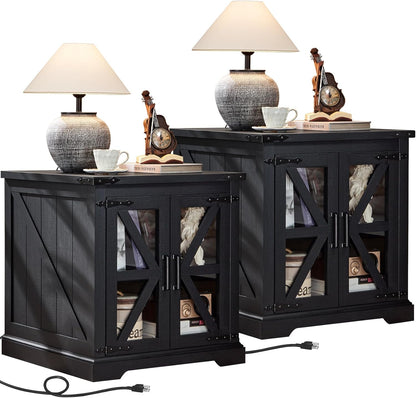 24" End Table Set of 2 with Charging Station, Farmhouse Night Stand with Glass Barn Door