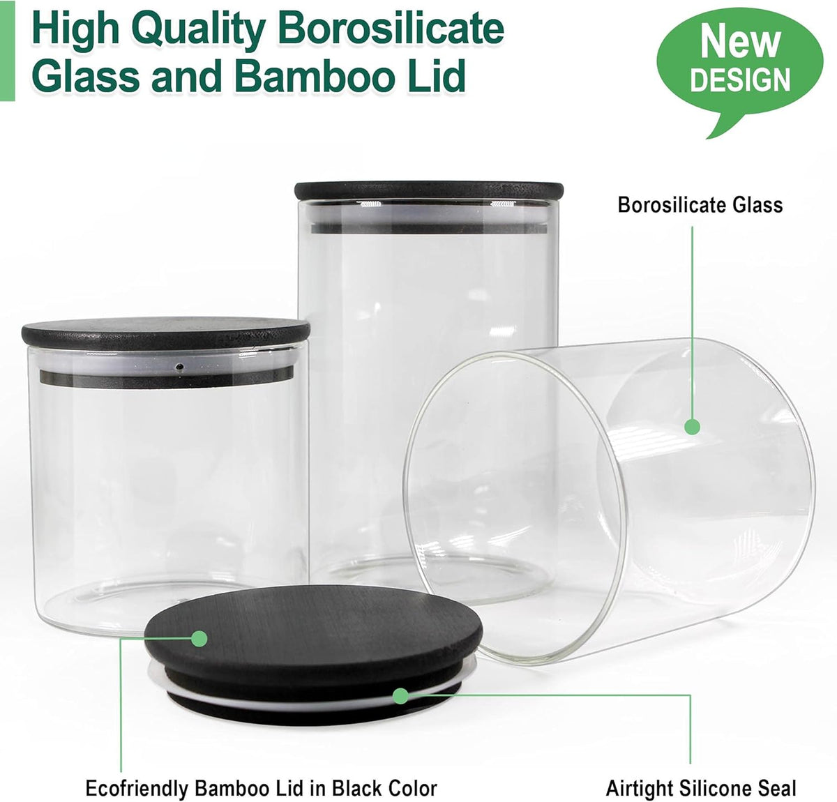 Urban Green Glass Jars with Airtight Black Lids, Food Storage Container with Airtight Lids, Glass