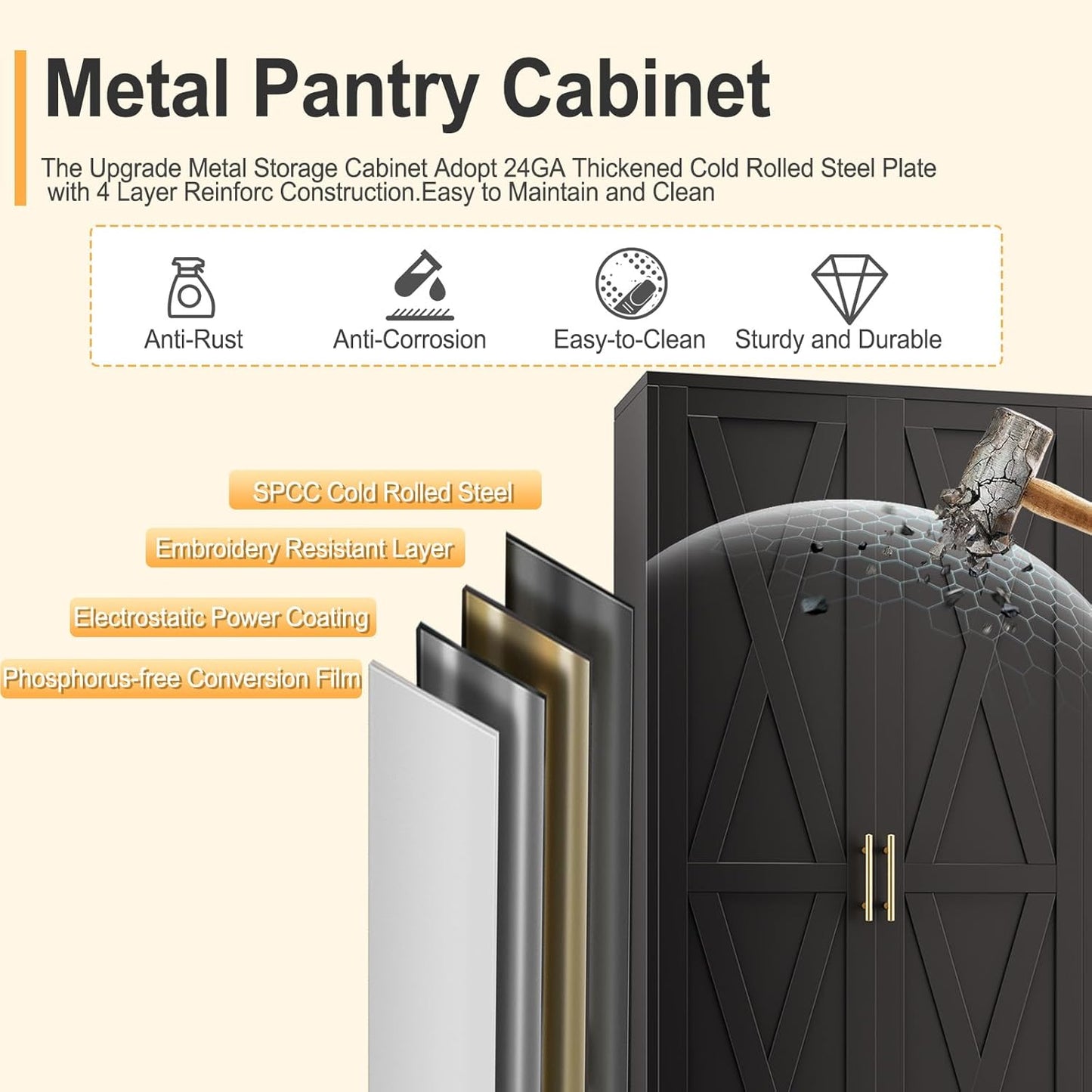 71" H Metal Kitchen Pantry Storage Cabinet, Freestanding Cupboard with 2 Doors and 4 Adjustable