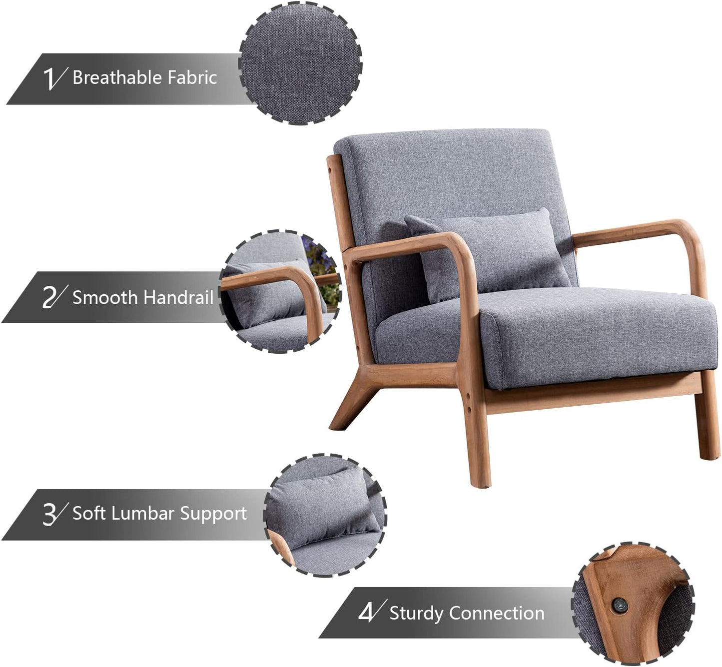 INZOY Mid Century Modern Accent Chair with Wood Frame, Upholstered Living Room Chairs with Waist