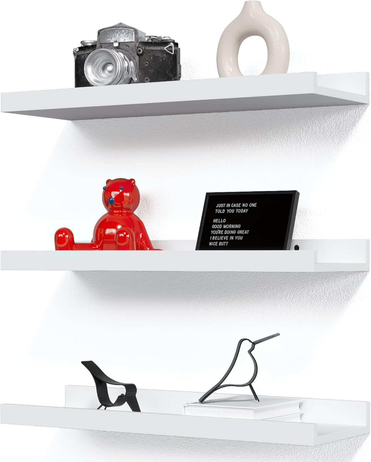 RICHER HOUSE 3 Set White Floating Shelves, Wall Mounted White Shelves for Wall Decor, Picture Ledge