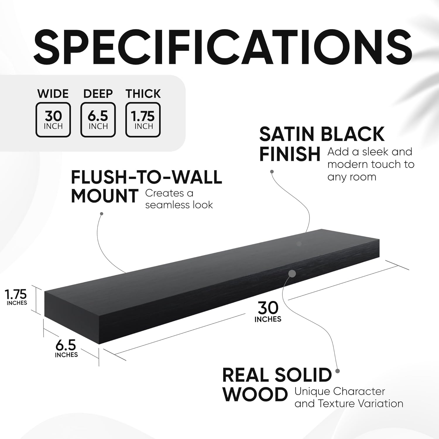 Homeforia Black Floating Shelves 30 inches Long, High End Solid Real Wood 30 inch Floating Shelf
